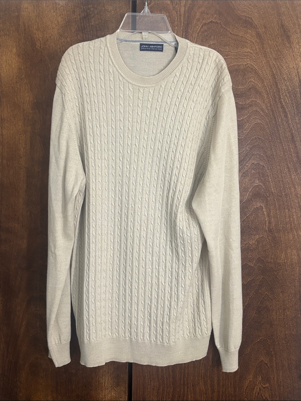 John Ashford Men's Cream Cable Knit Crewneck Sweater - Lightweight